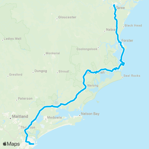 Newcastle and Hunter Network Taree to Newcastle Interchange via Tuncurry, Forster & Hawks Nest map