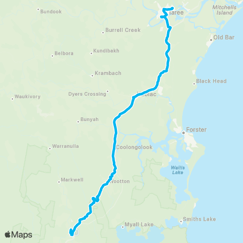Newcastle and Hunter Network Bulahdelah to Taree (Loop Service) map