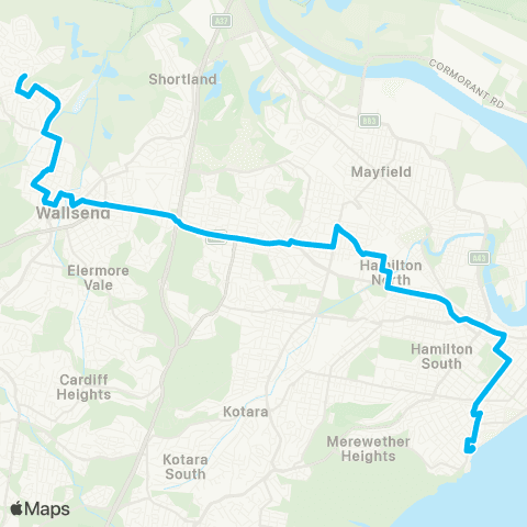 Hunter Buses Network Maryland to Merewether Bch via Wallsend and Newcastle Interchange map