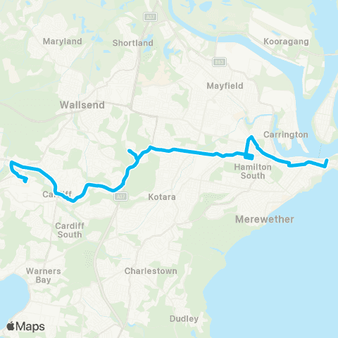 Hunter Buses Network Glendale to Newcastle via Cardiff & John Hunter Hosp map