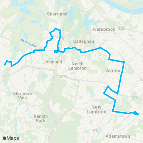Hunter Buses Network Wallsend to Broadmeadow via Newcastle Univ map