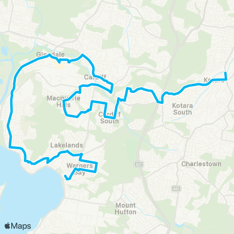 Hunter Buses Network Warners Bay to Kotara via Glendale, Cardiff & Macquarie Hills map