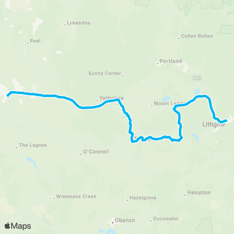 Temporary buses Lithgow, then Rydal, Tarana, Bathurst map