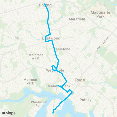 Temporary buses Rhodes, then Meadowbank, W Ryde, Eastwood, Epping map