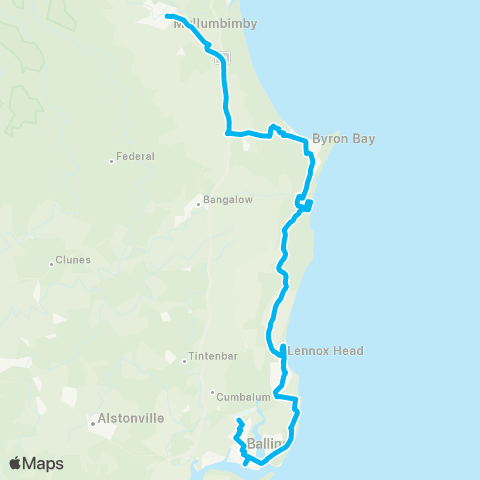 North Coast Network Mullumbimby to Ballina via Byron Bay map