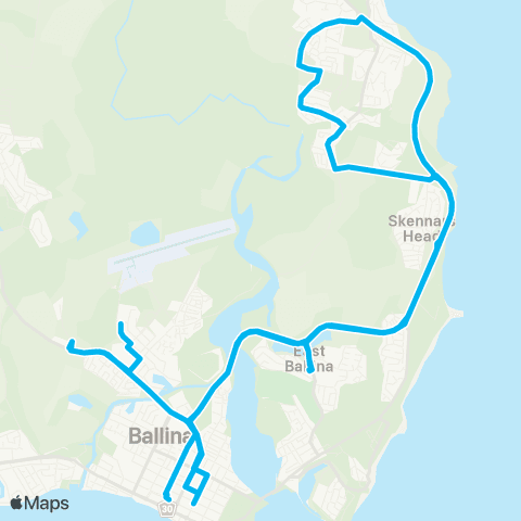 School buses Ballina to Southern Cross Public and Ballina Schools via Skennars Head map
