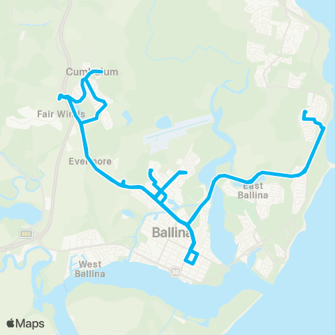 School buses Holy Family Catholic Primary to Xavier Catholic and Ballina Schools map