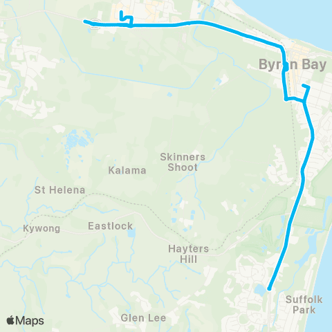 School buses Byron Bay Schools to Byron Bay via Ewingsdale and Suffolk Pk map