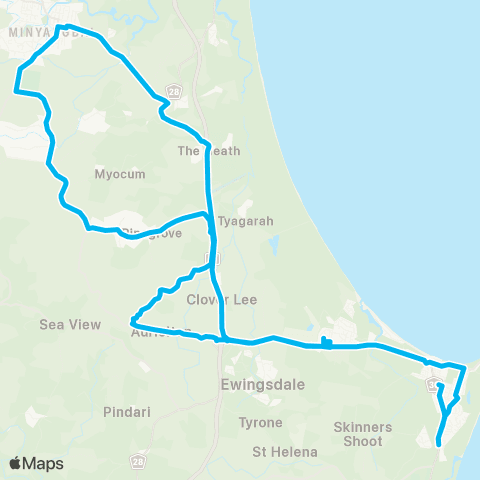 School buses Byron Bay Schools to Byron Bay via Mullumbimby and Ewingsdale map