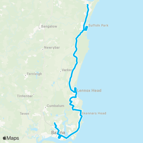 School buses Byron Bay Public to N Ballina via Lennox Head map