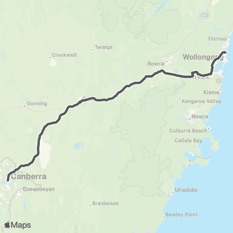 Private coach services Wollongong to Canberra map