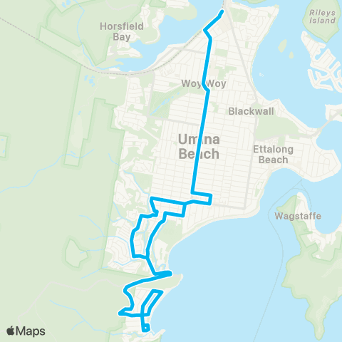 Central Coast Buses Network Umina Beach to Woy Woy via Pearl Beach map