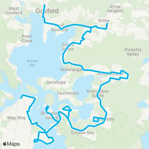 Central Coast Buses Network Woy Woy to Gosford via Empire Bay & Kincumber map