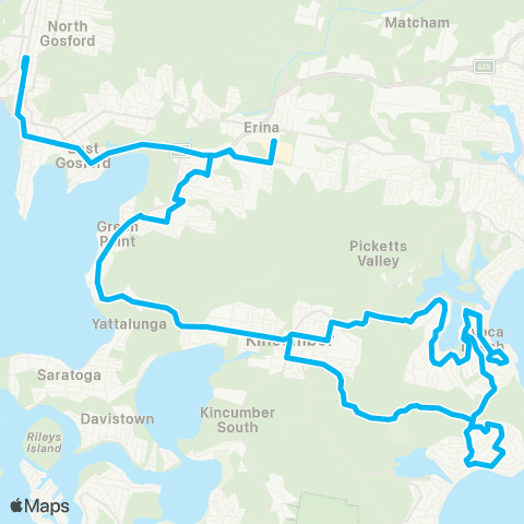 Central Coast Buses Network Gosford to Copacabana & Avoca Bch via Kincumber & Green Pt (Loop Service) map