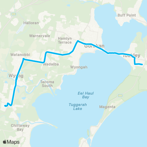 Central Coast Buses Network Noraville to Tuggerah via Wyong & Toukley map