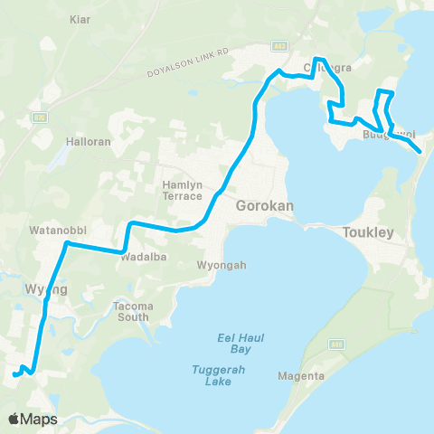 Central Coast Buses Network Budgewoi to Tuggerah via San Remo & Wyong map
