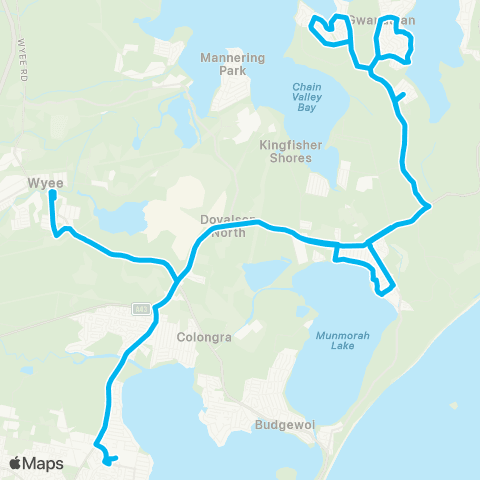 Central Coast Buses Network Lake Haven to Wyee via Gwandalan map
