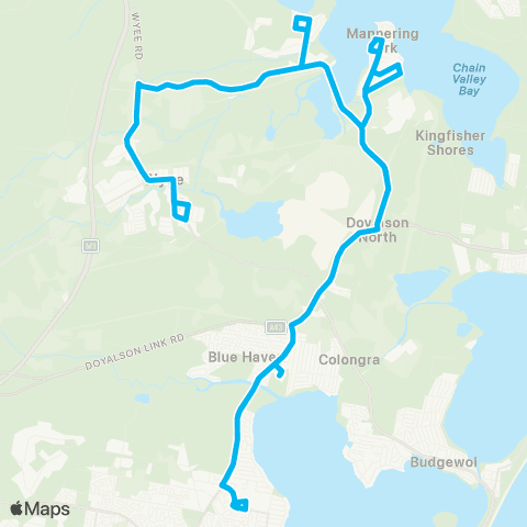 Central Coast Buses Network Lk Haven to Wyee and Mannering Pk (Loop Service) map