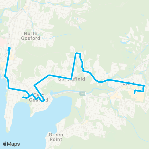 Central Coast Buses Network Erina Fair to Gosford via Springfield map