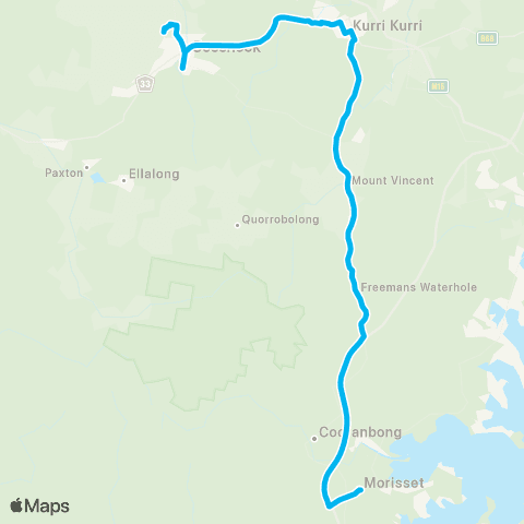 Hunter Buses Network Cessnock to Morisset via Kurri Kurri map
