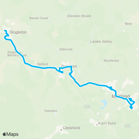 Hunter Buses Network Singleton Hts to Green Hills Shopping Ctr via Maitland map