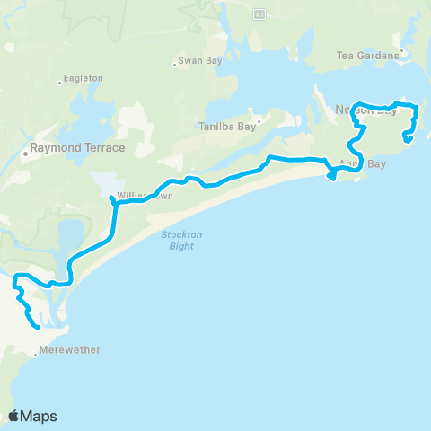 Hunter Buses Network Fingal Bay to Newcastle via Gan Gan Rd map