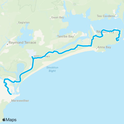 Hunter Buses Network Fingal Bay to Newcastle (Exp Service) map