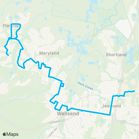 Hunter Buses Network Univ of Newcastle to Fletcher via Wallsend & Maryland map