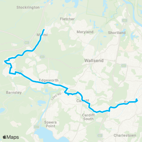 Hunter Buses Network Minmi to Adamstown via Glendale & Kotara map