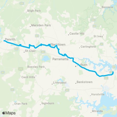 Blue Mountains Buses Network Penrith to City Town Hall via Parramatta (Night Service) map