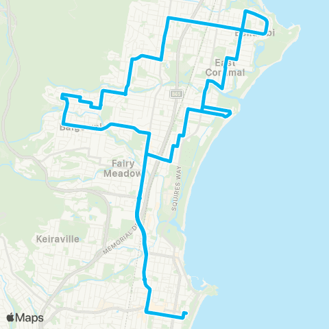 Illawarra Buses Network Wollongong to Bellambi via Towradgi (Loop Service) map