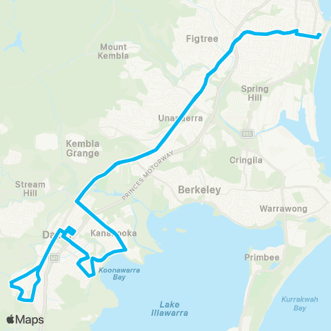 Illawarra Buses Network Wollongong to Dapto via Unanderra (Loop Service) map