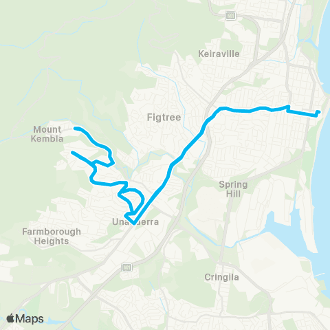 Illawarra Buses Network Wollongong to Kembla Hts via Cordeaux Hts (Loop Service) map
