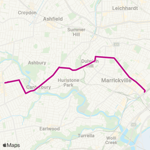 Sydney Buses Network Campsie to Sydenham via Canterbury (Ltd stops) map