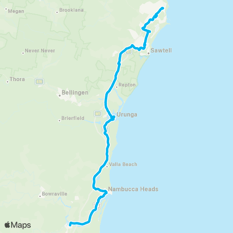 North Coast Network Macksville to Pk Bch Plaza via Nambucca Heads, Urunga & Toormina map
