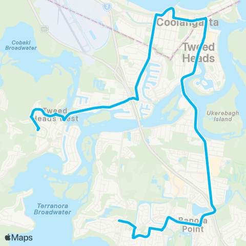North Coast Network Banora Point to Tweed Heads W via Tweed Mall & Coolangatta map