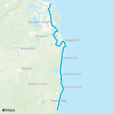 North Coast Network Pottsville to Tweed City via Hastings Point, Cabarita Bch, Tweed Val Hosp & Chinderah map