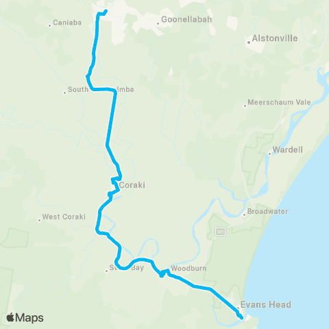 North Coast Network Evans Head to Lismore via Coraki map