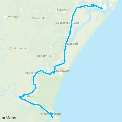 North Coast Network Evans Head to Ballina via Broadwater map