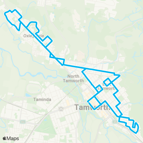 New England North West Network Tamworth to Oxley Vale via Tamworth Hosp (Loop Service) map