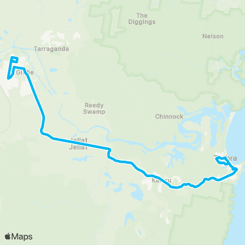 South East and Tablelands Network Tathra to Bega via SE Regional Hosp & Auckland St map
