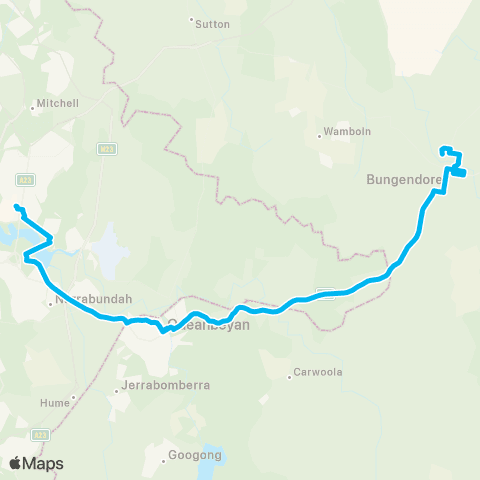 South East and Tablelands Network Bungendore to Canberra CBD via Queanbeyan & Russell (Exp Service) map