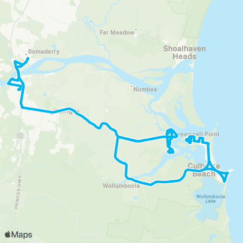 Sydney and Surrounds Network Orient Point to Bomaderry Sta via Culburra Bch & Nowra map