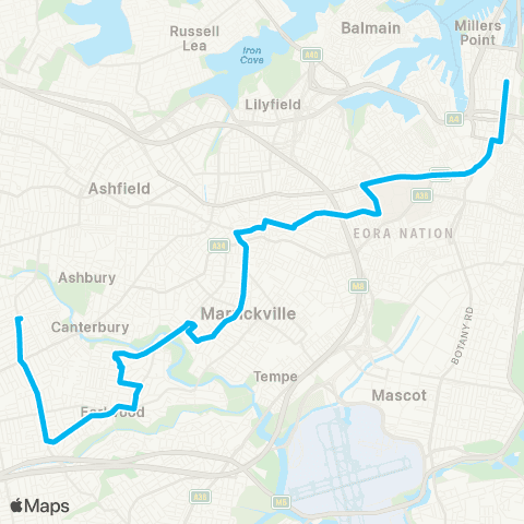 Sydney Buses Network Campsie to City Martin Pl via Earlwood & Dulwich Hill map