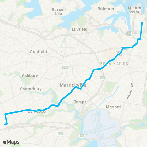 Sydney Buses Network Kingsgrove to City Martin Pl (Exp Service) map