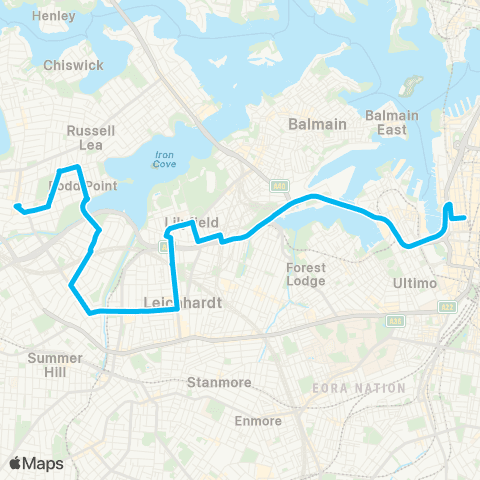 Sydney Buses Network Five Dock to City QVB via City West Link map
