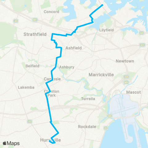 Sydney Buses Network Hurstville to Drummoyne map