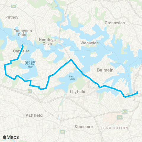 Sydney Buses Network Cabarita Wharf to Drummoyne and City Town Hall map