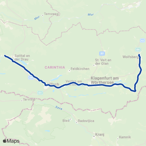 Österreichische Bundesbahnen Breclav - Wien - Wr.Neustadt - Mürzzuschlag - Bruck / Mur - Klagenfurt - Villach - Spital / Millstättersee - Lienz map
