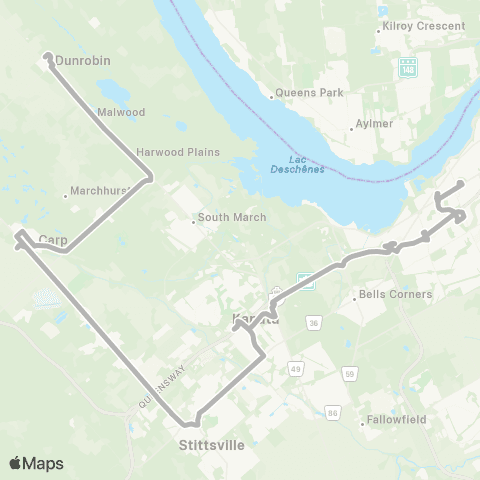OC Transpo Bayshore / Carlingwood <​> Dunrobin / Carp / Stittsville map